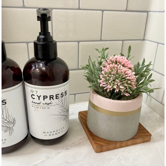 Set of 3 Artificial Pink Allium Flowers in Handmade Concrete Pot with Wood Tray - Picture 5 of 9